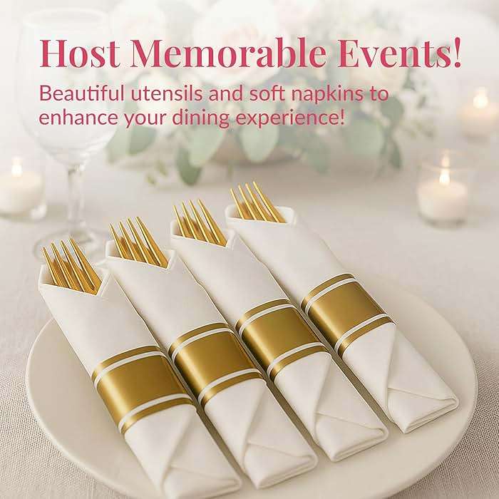 Prestee 200 Piece Gold Plastic Silverware Set for 50 Guests - Premium Pre Rolled Cutlery Set with Napkins - Elegant Disposable Silverware with Forks, Knives, and Spoons for Weddings and Thanksgiving - Image 6