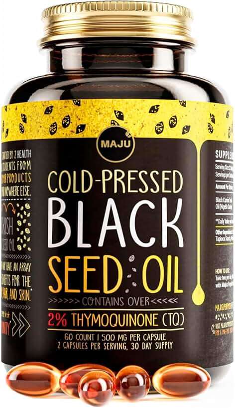 Maju Superfoods Black Seed Oil Capsules - Cold Pressed, 2% Thymoquinone, 100% Turkish Black Cumin Nigella Sativa Seed Oil, Liquid Pure Blackseed 60 Count, 500mg per Capsule - Image 1
