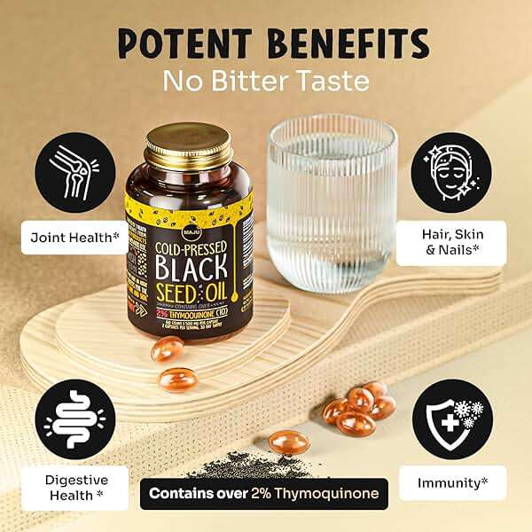 Maju Superfoods Black Seed Oil Capsules - Cold Pressed, 2% Thymoquinone, 100% Turkish Black Cumin Nigella Sativa Seed Oil, Liquid Pure Blackseed 60 Count, 500mg per Capsule - Image 4