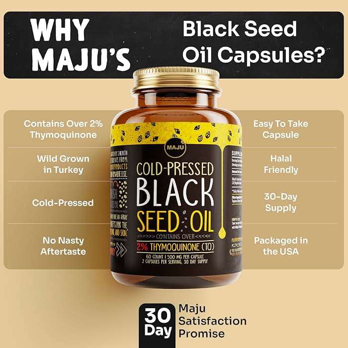 Maju Superfoods Black Seed Oil Capsules - Cold Pressed, 2% Thymoquinone, 100% Turkish Black Cumin Nigella Sativa Seed Oil, Liquid Pure Blackseed 60 Count, 500mg per Capsule - Image 6