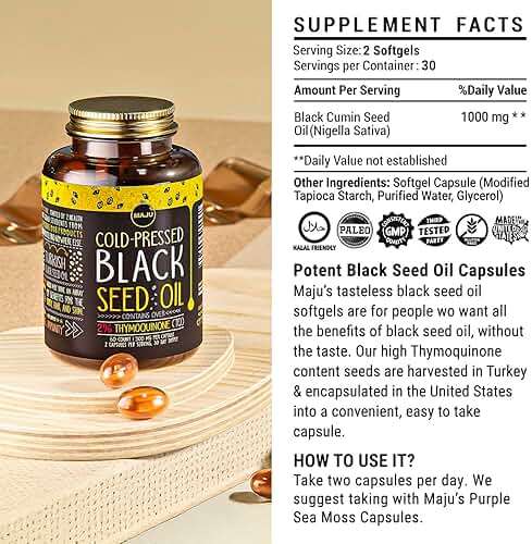 Maju Superfoods Black Seed Oil Capsules - Cold Pressed, 2% Thymoquinone, 100% Turkish Black Cumin Nigella Sativa Seed Oil, Liquid Pure Blackseed 60 Count, 500mg per Capsule - Image 7