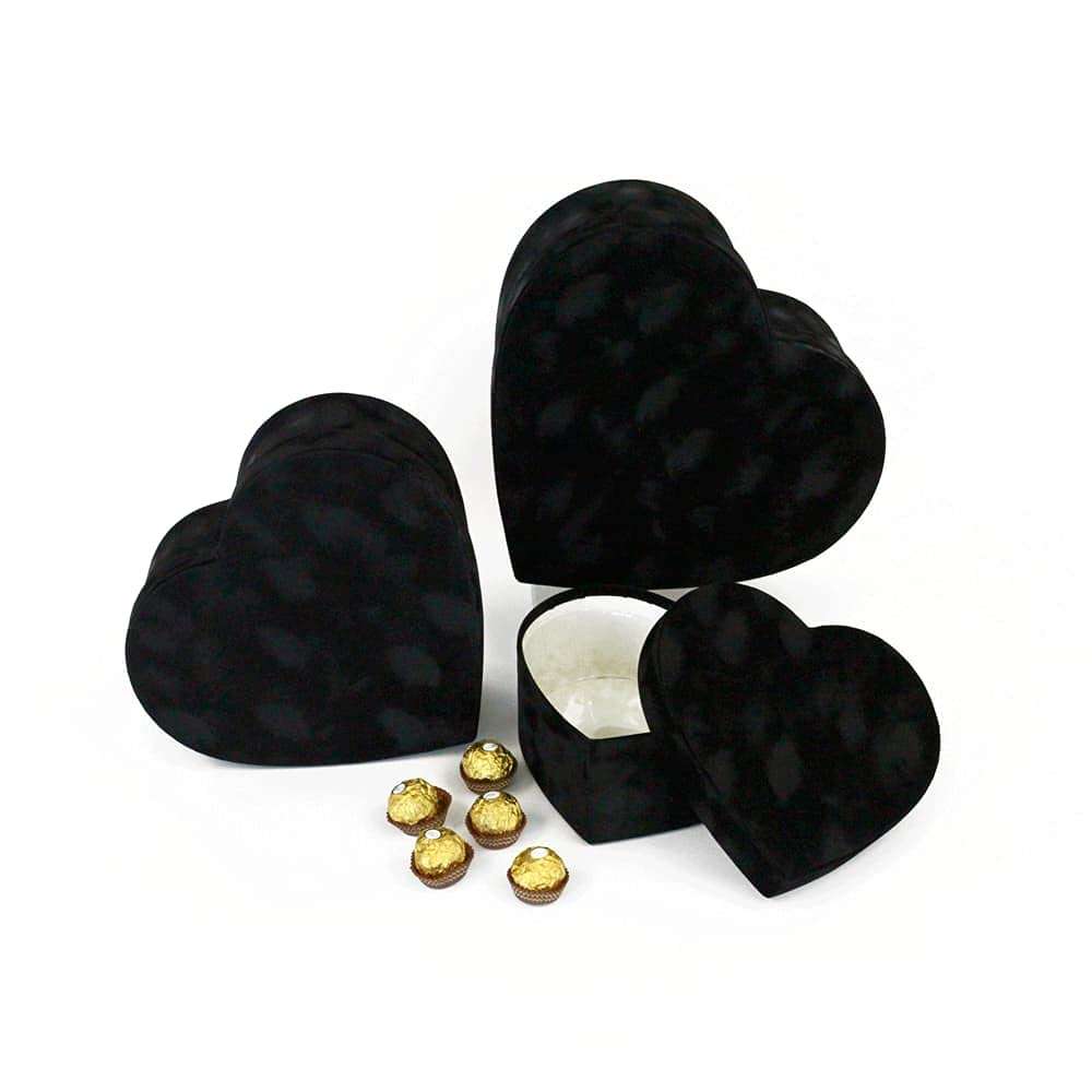 UNIKPACKAGING Premium Quality Heart Shaped Velvet Flower Boxes, SET OF 3, Gift Boxes for Luxury Flower and Gift Arrangements, with Lids, (Black) - Image 1