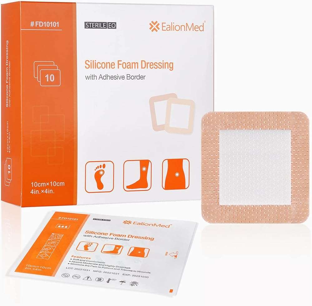 EalionMed Silicone Foam Dressing with Gentle Adhesive Border 4''x4'', 10 Pack, Painless Removal High Absorbency Bed Sore Wound Bandage for Pressure Sore, Leg Ulcer, Diabetic Ulcer - Image 1