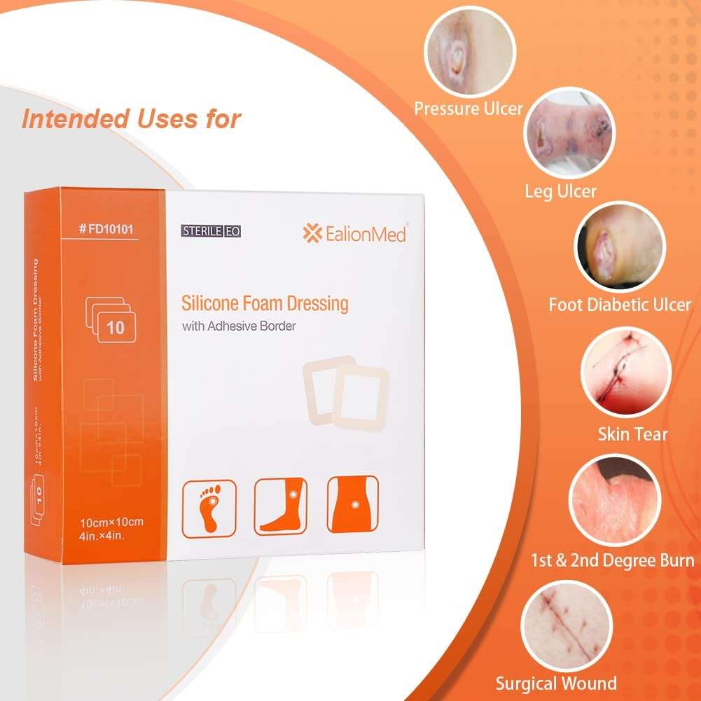 EalionMed Silicone Foam Dressing with Gentle Adhesive Border 4''x4'', 10 Pack, Painless Removal High Absorbency Bed Sore Wound Bandage for Pressure Sore, Leg Ulcer, Diabetic Ulcer - Image 2