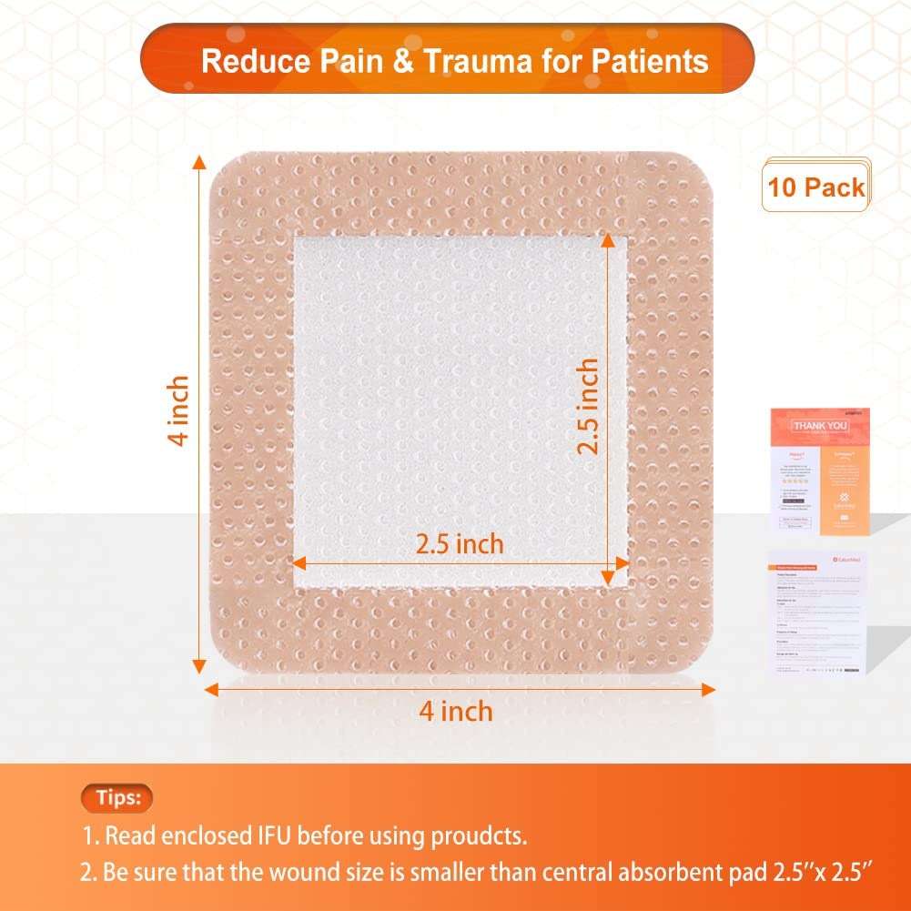 EalionMed Silicone Foam Dressing with Gentle Adhesive Border 4''x4'', 10 Pack, Painless Removal High Absorbency Bed Sore Wound Bandage for Pressure Sore, Leg Ulcer, Diabetic Ulcer - Image 5