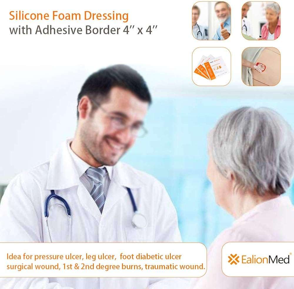 EalionMed Silicone Foam Dressing with Gentle Adhesive Border 4''x4'', 10 Pack, Painless Removal High Absorbency Bed Sore Wound Bandage for Pressure Sore, Leg Ulcer, Diabetic Ulcer - Image 6