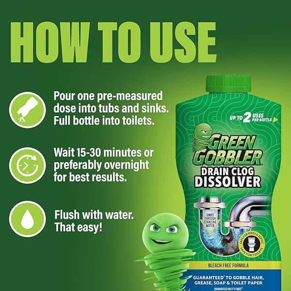 Green Gobbler Drain Clog Dissolver | Powerful Liquid Drain Opener & Toilet Clog Remover | Safe for Pipes & Septic | 2 Pack - Image 7