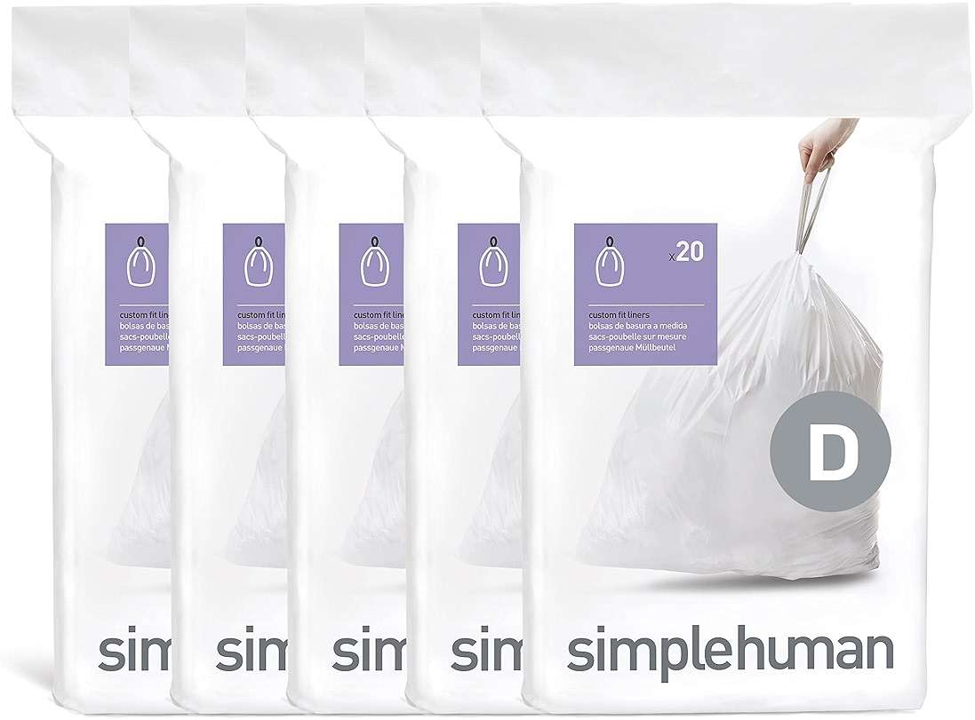 simplehuman Code D 100 Count Custom Fit Liners, Drawstring Kitchen Trash Bags, One-by-One Mess-Free Dispense, Extra Thick & Double Seamed, 50% PCR Plastic, 20 Liter / 5.3 Gallon, White - Image 1