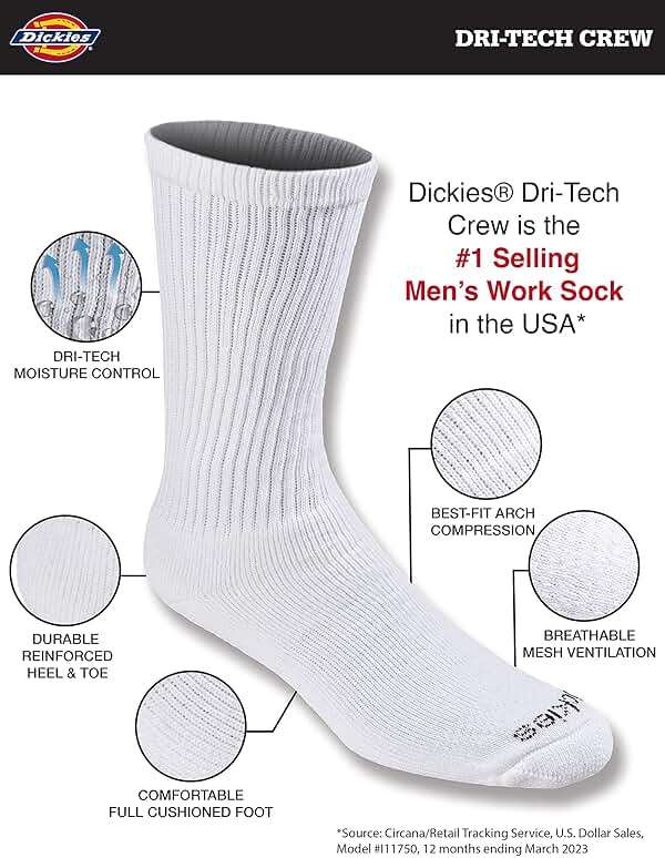 Dickies Men's Dri-Tech Essential Moisture Control Crew Socks, Available in M-XXL (6, 12 Pairs) - Image 2