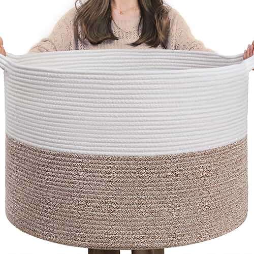 INDRESSME XXXLarge Blanket Basket for Living Room 21.7" x 21.7" x 13.8"-Storage Basket with Handle for Organizing Toy Pillows Woven Cotton Rope Laundry Basket Stuffed Animal Toy Storage for Play Room - Image 1