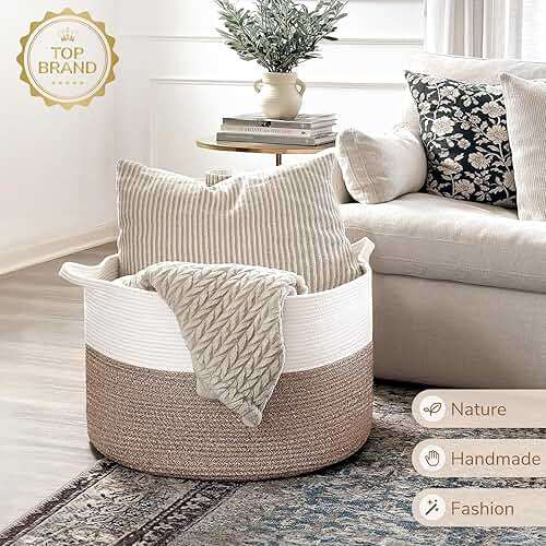 INDRESSME XXXLarge Blanket Basket for Living Room 21.7" x 21.7" x 13.8"-Storage Basket with Handle for Organizing Toy Pillows Woven Cotton Rope Laundry Basket Stuffed Animal Toy Storage for Play Room - Image 2