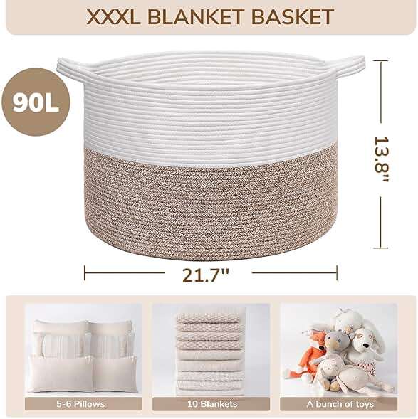 INDRESSME XXXLarge Blanket Basket for Living Room 21.7" x 21.7" x 13.8"-Storage Basket with Handle for Organizing Toy Pillows Woven Cotton Rope Laundry Basket Stuffed Animal Toy Storage for Play Room - Image 3