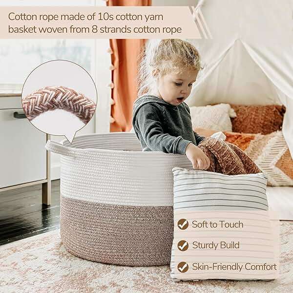 INDRESSME XXXLarge Blanket Basket for Living Room 21.7" x 21.7" x 13.8"-Storage Basket with Handle for Organizing Toy Pillows Woven Cotton Rope Laundry Basket Stuffed Animal Toy Storage for Play Room - Image 5