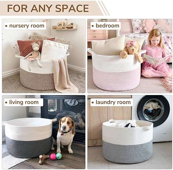 INDRESSME XXXLarge Blanket Basket for Living Room 21.7" x 21.7" x 13.8"-Storage Basket with Handle for Organizing Toy Pillows Woven Cotton Rope Laundry Basket Stuffed Animal Toy Storage for Play Room - Image 6