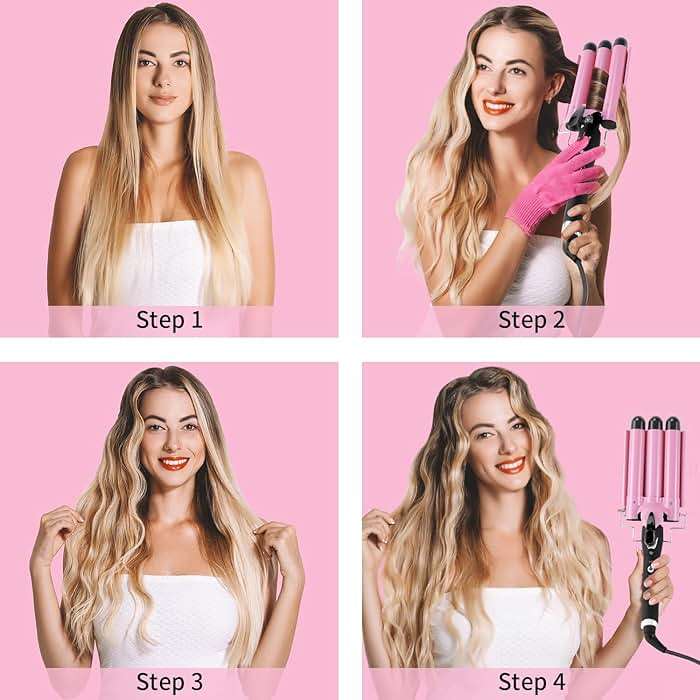 3 Barrel Curling Iron Hair Crimper: Birthday Gifts for Women - Dual Voltage Adjustable Temperature Three Barrels Hair Waver - 1 Inch Ceramic Curler Wand (Pink) - Image 3