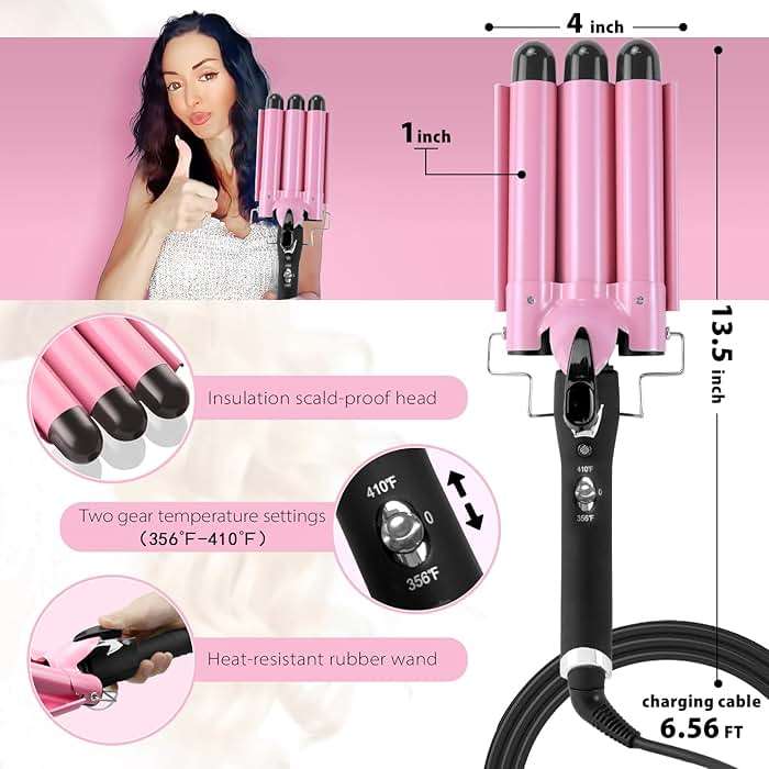 3 Barrel Curling Iron Hair Crimper: Birthday Gifts for Women - Dual Voltage Adjustable Temperature Three Barrels Hair Waver - 1 Inch Ceramic Curler Wand (Pink) - Image 4