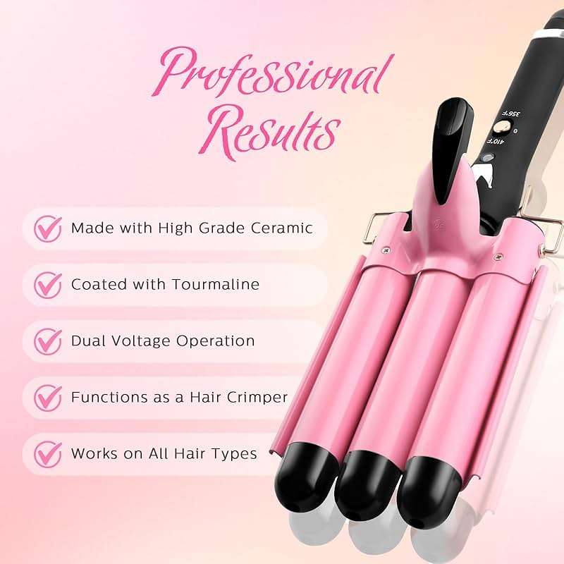 3 Barrel Curling Iron Hair Crimper: Birthday Gifts for Women - Dual Voltage Adjustable Temperature Three Barrels Hair Waver - 1 Inch Ceramic Curler Wand (Pink) - Image 5