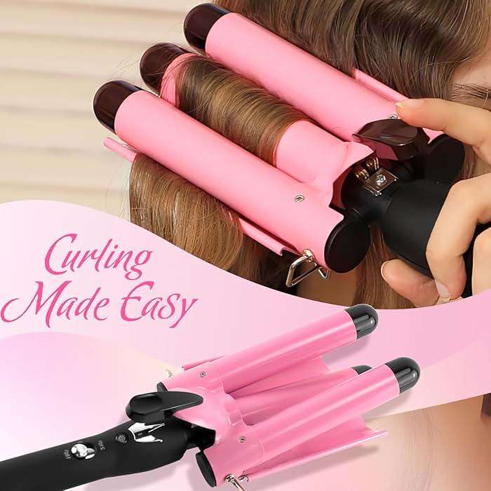 3 Barrel Curling Iron Hair Crimper: Birthday Gifts for Women - Dual Voltage Adjustable Temperature Three Barrels Hair Waver - 1 Inch Ceramic Curler Wand (Pink) - Image 7