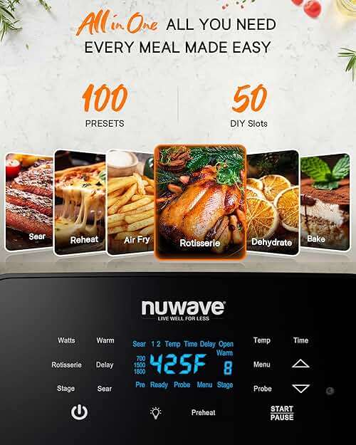 Nuwave Brio 15.5Qt Air Fryer Rotisserie Oven, X-Large Family Size, Powerful 1800W, 4 Rack Positions, 50°-425°F Temp Controls, 100 Presets & 50 Memory, Integrated Smart Thermometer, Linear T Technology - Image 2