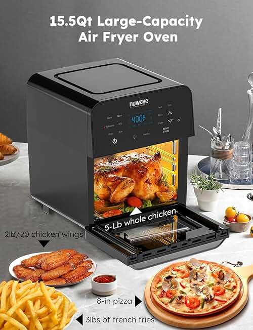 Nuwave Brio 15.5Qt Air Fryer Rotisserie Oven, X-Large Family Size, Powerful 1800W, 4 Rack Positions, 50°-425°F Temp Controls, 100 Presets & 50 Memory, Integrated Smart Thermometer, Linear T Technology - Image 5