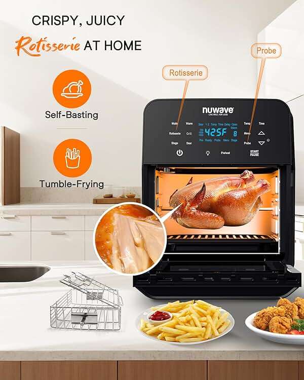 Nuwave Brio 15.5Qt Air Fryer Rotisserie Oven, X-Large Family Size, Powerful 1800W, 4 Rack Positions, 50°-425°F Temp Controls, 100 Presets & 50 Memory, Integrated Smart Thermometer, Linear T Technology - Image 6
