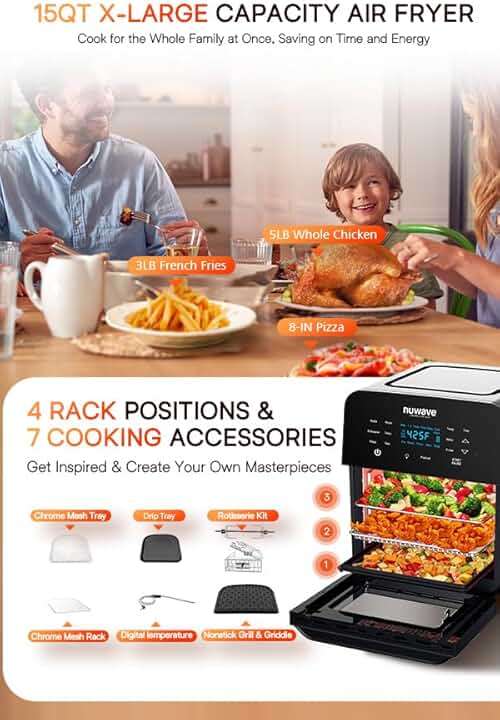 Nuwave Brio 15.5Qt Air Fryer Rotisserie Oven, X-Large Family Size, Powerful 1800W, 4 Rack Positions, 50°-425°F Temp Controls, 100 Presets & 50 Memory, Integrated Smart Thermometer, Linear T Technology - Image 7