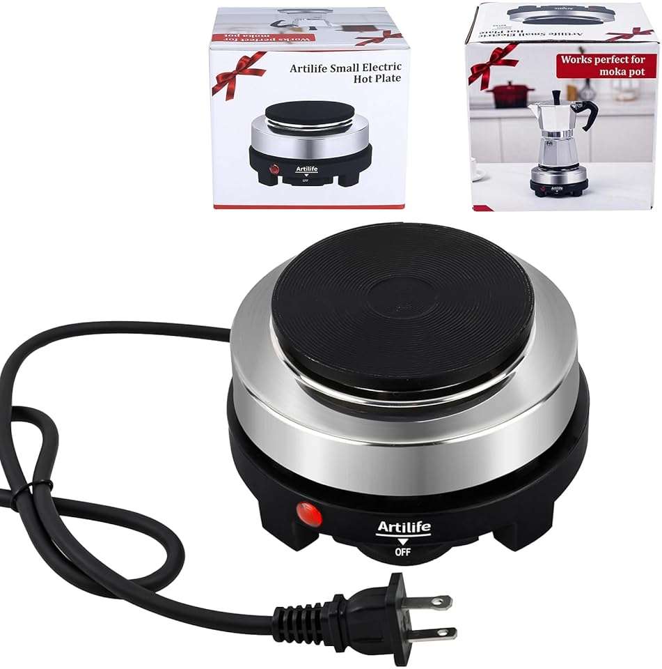 Artilife 500W Mini Electric Hot Plate - Moka Pot Special, 110V Compact RV Camping Stove, 4" Cast Iron Burner for Coffee, Low Wattage Portable (Silver) - Image 1