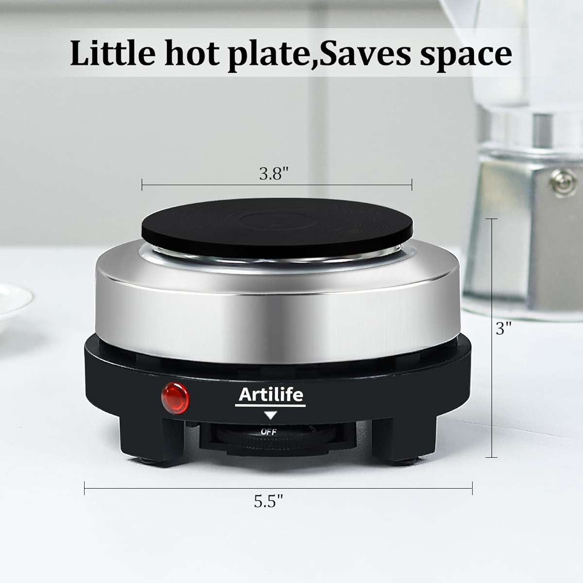 Artilife 500W Mini Electric Hot Plate - Moka Pot Special, 110V Compact RV Camping Stove, 4" Cast Iron Burner for Coffee, Low Wattage Portable (Silver) - Image 3