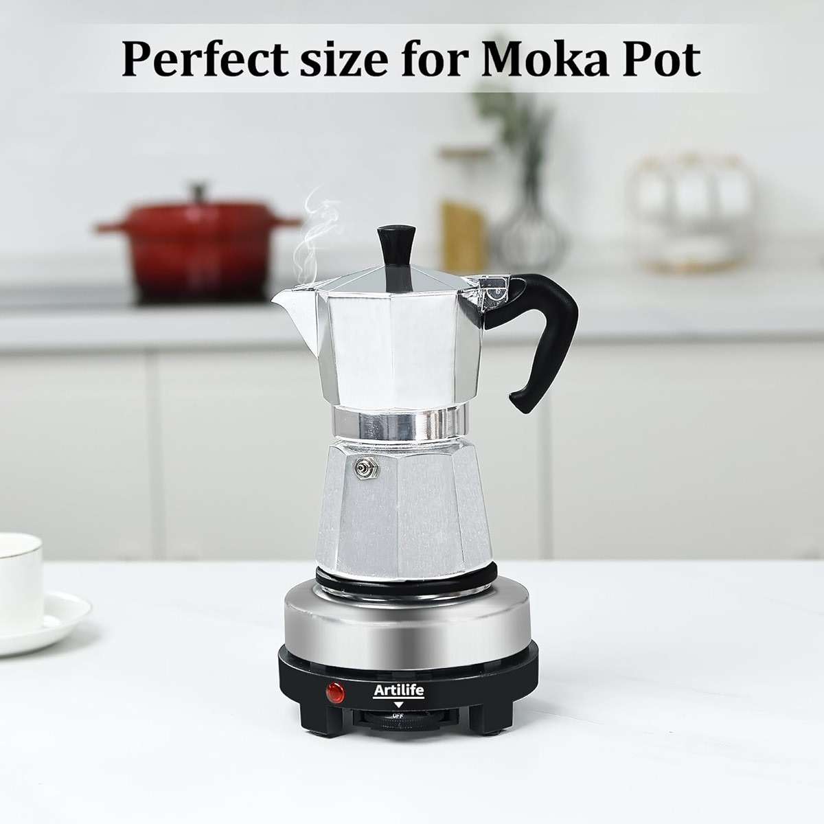 Artilife 500W Mini Electric Hot Plate - Moka Pot Special, 110V Compact RV Camping Stove, 4" Cast Iron Burner for Coffee, Low Wattage Portable (Silver) - Image 4