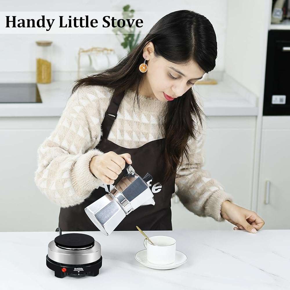 Artilife 500W Mini Electric Hot Plate - Moka Pot Special, 110V Compact RV Camping Stove, 4" Cast Iron Burner for Coffee, Low Wattage Portable (Silver) - Image 6