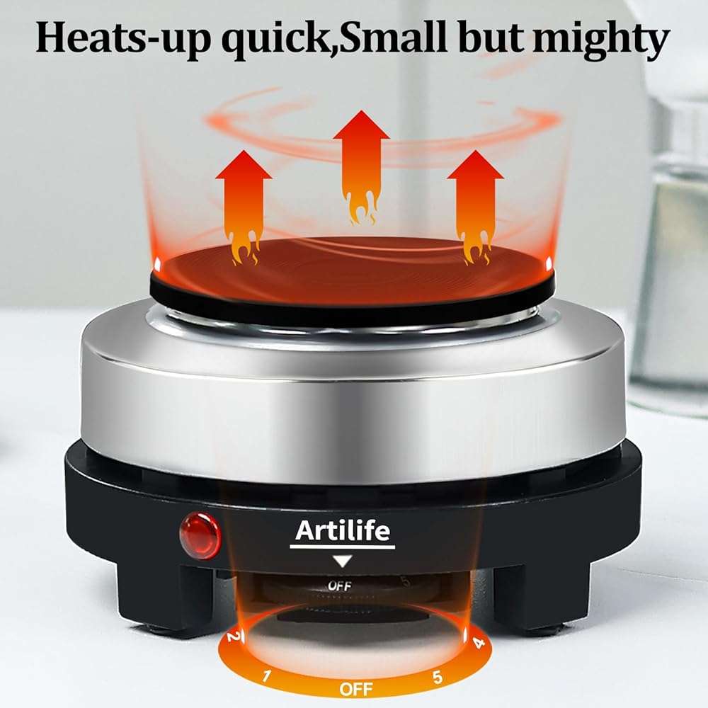 Artilife 500W Mini Electric Hot Plate - Moka Pot Special, 110V Compact RV Camping Stove, 4" Cast Iron Burner for Coffee, Low Wattage Portable (Silver) - Image 7