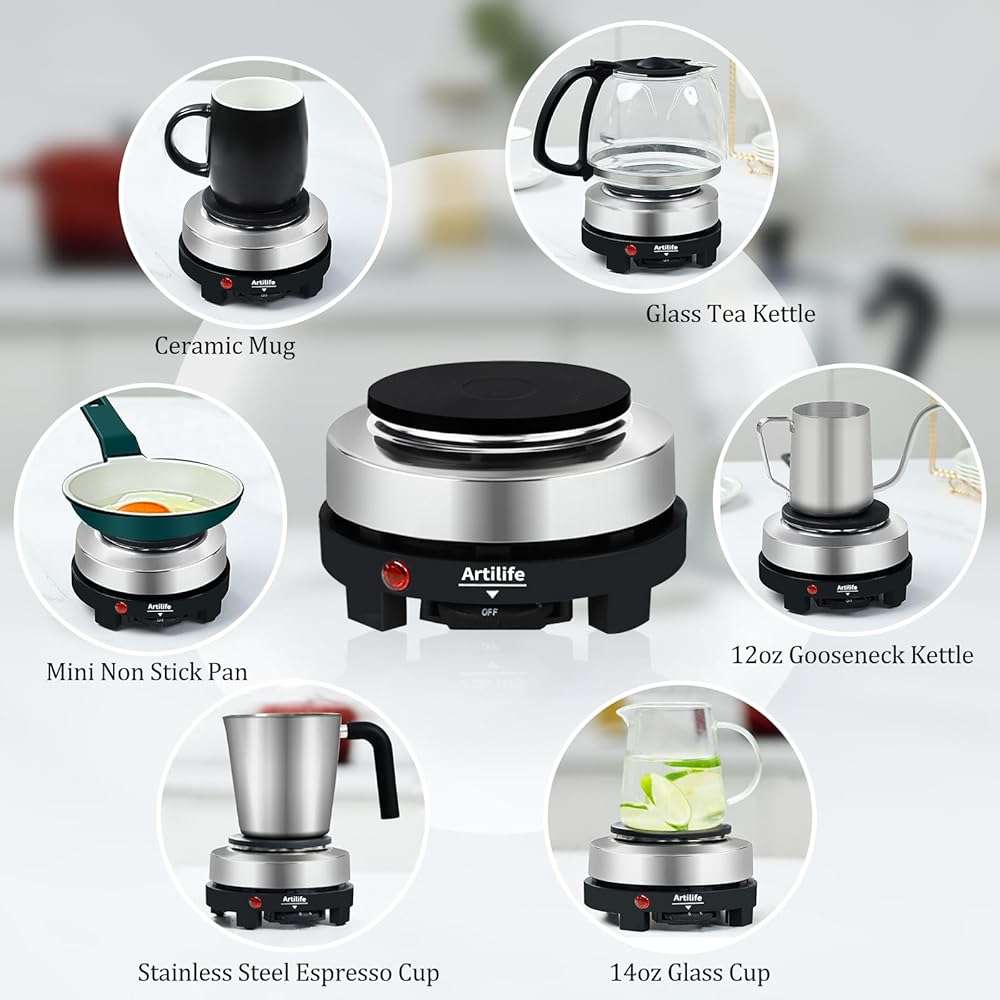 Artilife 500W Mini Electric Hot Plate - Moka Pot Special, 110V Compact RV Camping Stove, 4" Cast Iron Burner for Coffee, Low Wattage Portable (Silver) - Image 8