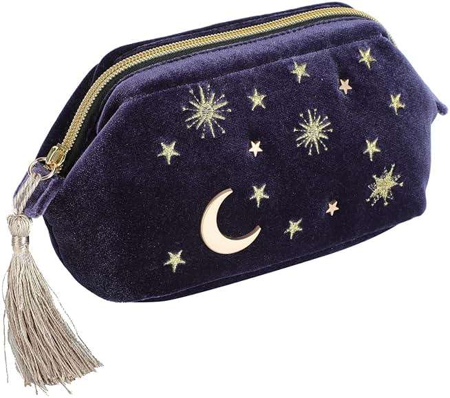 SZZCX Handy cosmetic makeup bag,Navy Velvet Embroidered Applique Moon Stars Cosmetic Bag,Starry Makeup Pouch with Tassels & Pearl Zipper,Beautician Storage Bag - Image 1