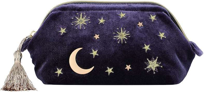 SZZCX Handy cosmetic makeup bag,Navy Velvet Embroidered Applique Moon Stars Cosmetic Bag,Starry Makeup Pouch with Tassels & Pearl Zipper,Beautician Storage Bag - Image 2