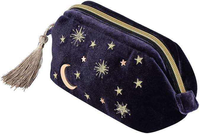 SZZCX Handy cosmetic makeup bag,Navy Velvet Embroidered Applique Moon Stars Cosmetic Bag,Starry Makeup Pouch with Tassels & Pearl Zipper,Beautician Storage Bag - Image 4