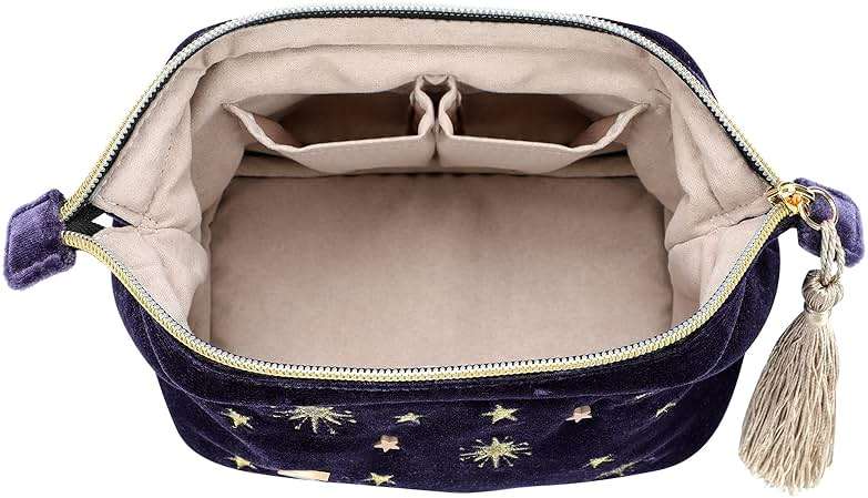 SZZCX Handy cosmetic makeup bag,Navy Velvet Embroidered Applique Moon Stars Cosmetic Bag,Starry Makeup Pouch with Tassels & Pearl Zipper,Beautician Storage Bag - Image 5