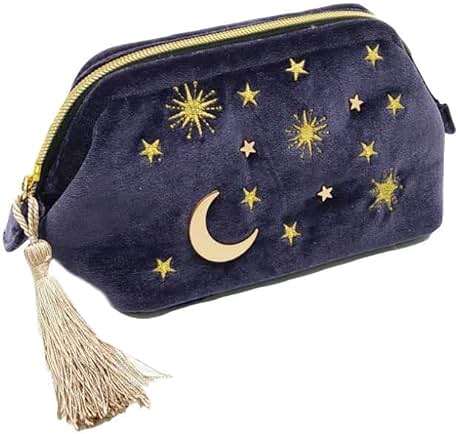 SZZCX Handy cosmetic makeup bag,Navy Velvet Embroidered Applique Moon Stars Cosmetic Bag,Starry Makeup Pouch with Tassels & Pearl Zipper,Beautician Storage Bag - Image 6