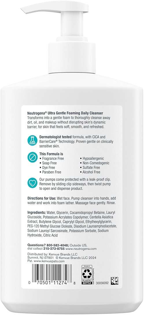 Neutrogena Ultra Gentle Foaming Facial Cleanser, Fragrance Free Hydrating Face Wash for Sensitive Skin, Daily Non Over Drying Makeup Remover, Hypoallergenic, Soap & Dye Free, Non-Comedogenic, 16 Fl Oz - Image 9