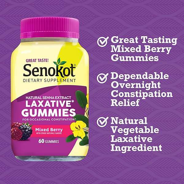 Senokot Dietary Supplement Laxative Gummies, 60 Count, Constipation Relief, Natural Senna Extract, Gentle Overnight Laxatives for Constipation Relief, Blueberry Pomegranate Flavor - Image 5