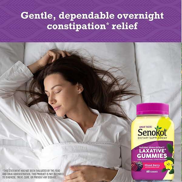 Senokot Dietary Supplement Laxative Gummies, 60 Count, Constipation Relief, Natural Senna Extract, Gentle Overnight Laxatives for Constipation Relief, Blueberry Pomegranate Flavor - Image 6