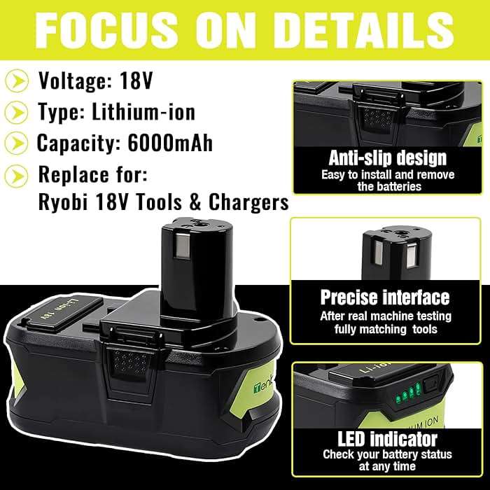 TenHutt 【Upgrade】 2 Packs 6.0Ah Lithium Replacement Battery for Ryobi 18V ONE+ Cordless Power Tool P108(130429054) Compatible with P102 P103 P104 P105 P107 P108 Lithium Battery - Image 4