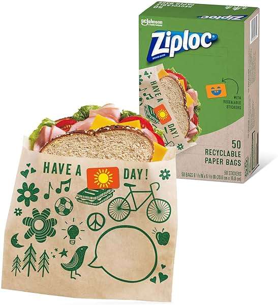 Ziploc Paper Sandwich and Snack Bags, Recyclable & Sealable with Fun Designs, 50 Bags Total - Image 1