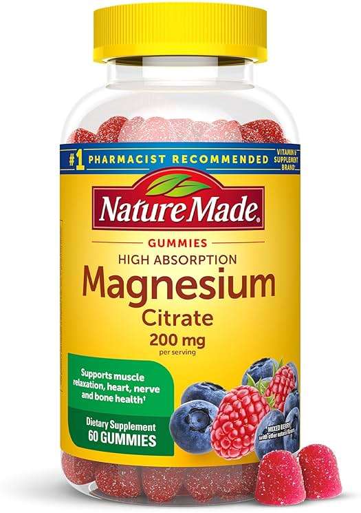 Nature Made High Absorption Magnesium Citrate 200 mg per serving, Magnesium Supplement for Muscle, Nerve, Bone and Heart Support, 60 Magnesium Gummies, 30 Day Supply - Image 1