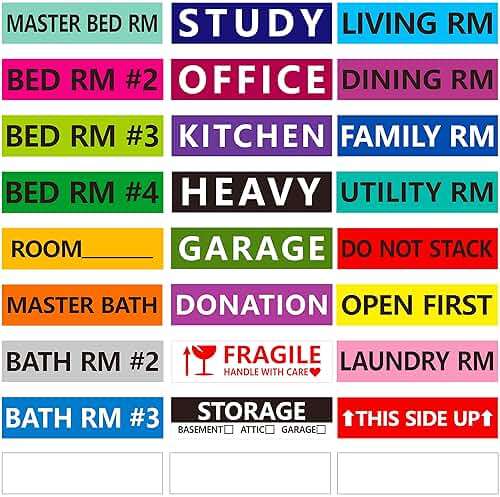 1200 Pcs 25 Designs Pre-Printed Color-Coded Home Moving Box Labels with Customizable Blank Sticker (Each Measures 3.9” x 0.9”) - Image 1