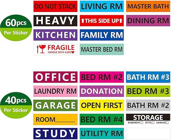 1200 Pcs 25 Designs Pre-Printed Color-Coded Home Moving Box Labels with Customizable Blank Sticker (Each Measures 3.9” x 0.9”) - Image 2