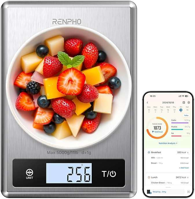 RENPHO Digital Food Scale with Nutritional Calculator, Smart Food Kitchen Scale, Food Weight Scale Grams and Ounces for Weight Loss, Calorie, Macro and Cooking, Stainless Steel - Image 1