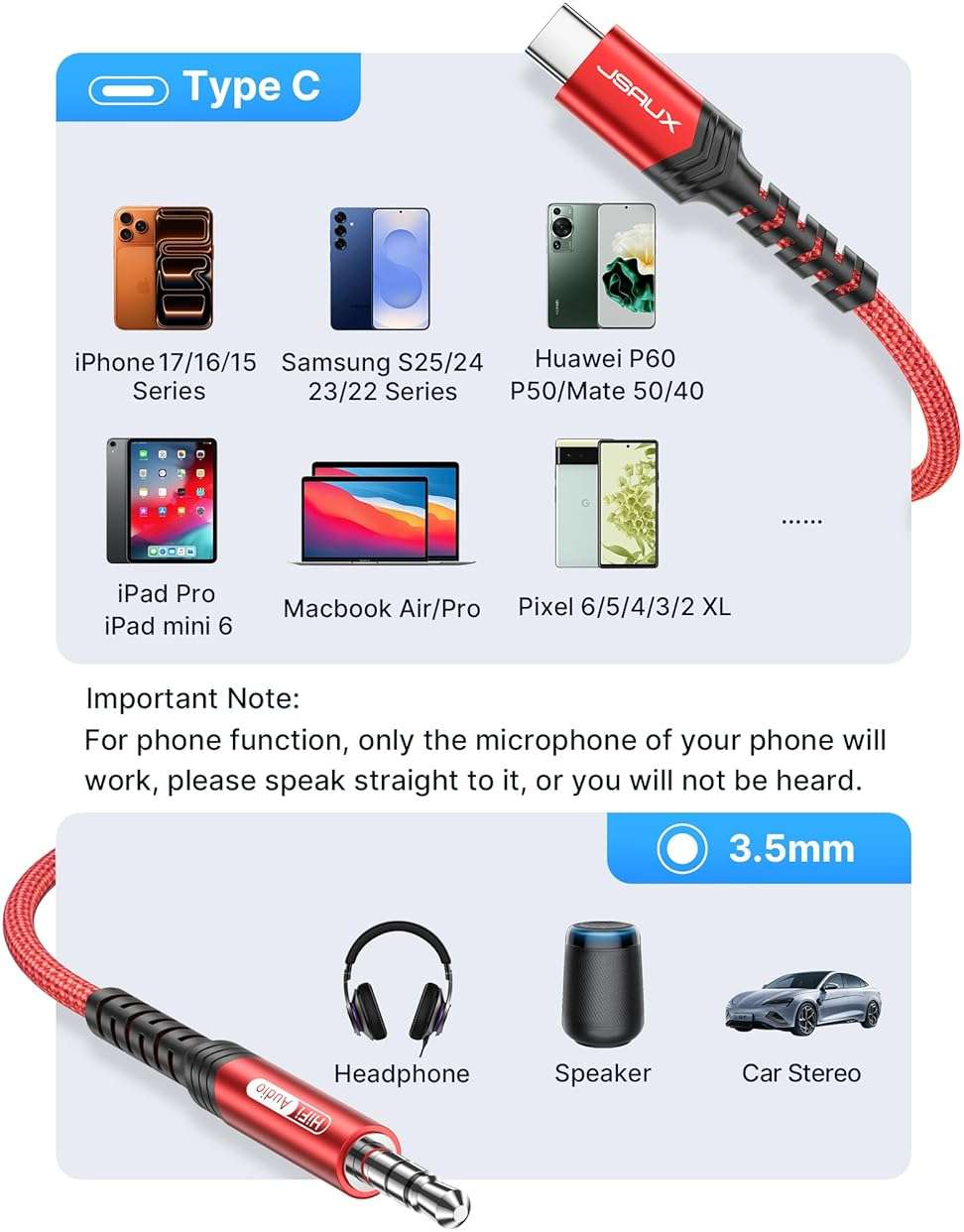 JSAUX USB C to 3.5mm Audio Aux Jack Cable for iPhone 17 Pro Max/Air [3.3ft], Type C to 3.5mm Headphone Car Stereo Cord Compatible with iPhone 16/15 Pro Max,Samsung Galaxy S25 S24, iPad Pro, Pixel 9/8 - Image 6