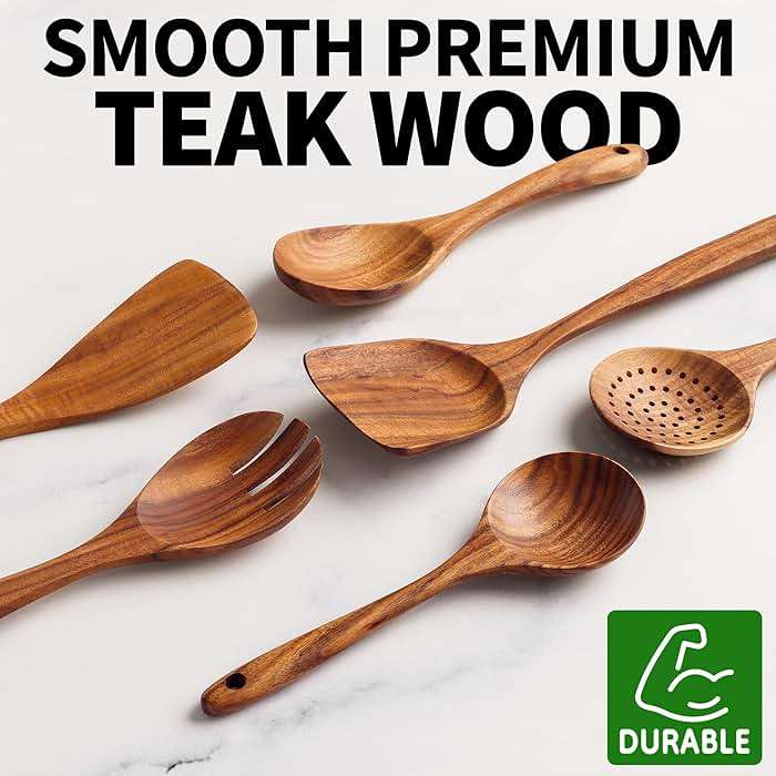 Zulay Kitchen 6 Piece Wooden Spoons for Cooking – Natural Teak Wooden Utensil Set, Easy to Clean, Durable, Smooth with Comfort Grip - Non Toxic Wooden Cooking Utensil Sets - Image 3