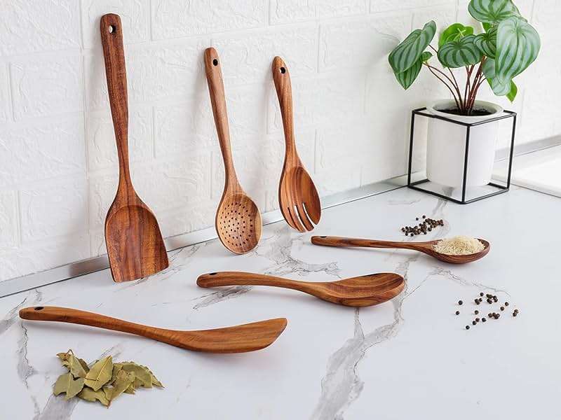 Zulay Kitchen 6 Piece Wooden Spoons for Cooking – Natural Teak Wooden Utensil Set, Easy to Clean, Durable, Smooth with Comfort Grip - Non Toxic Wooden Cooking Utensil Sets - Image 8
