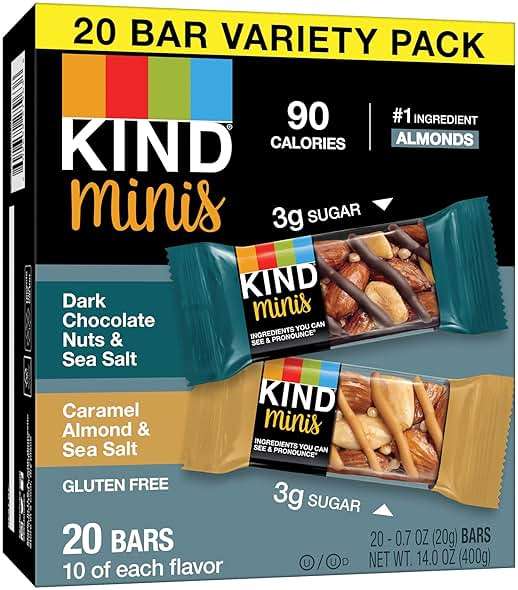 KIND Mini Snack Bars Variety Pack, Gluten Free, Low Sugar, Low Calorie Snacks, Dark Chocolate Nuts & Sea Salt, Caramel Almond & Sea Salt, 20 Count - Image 1